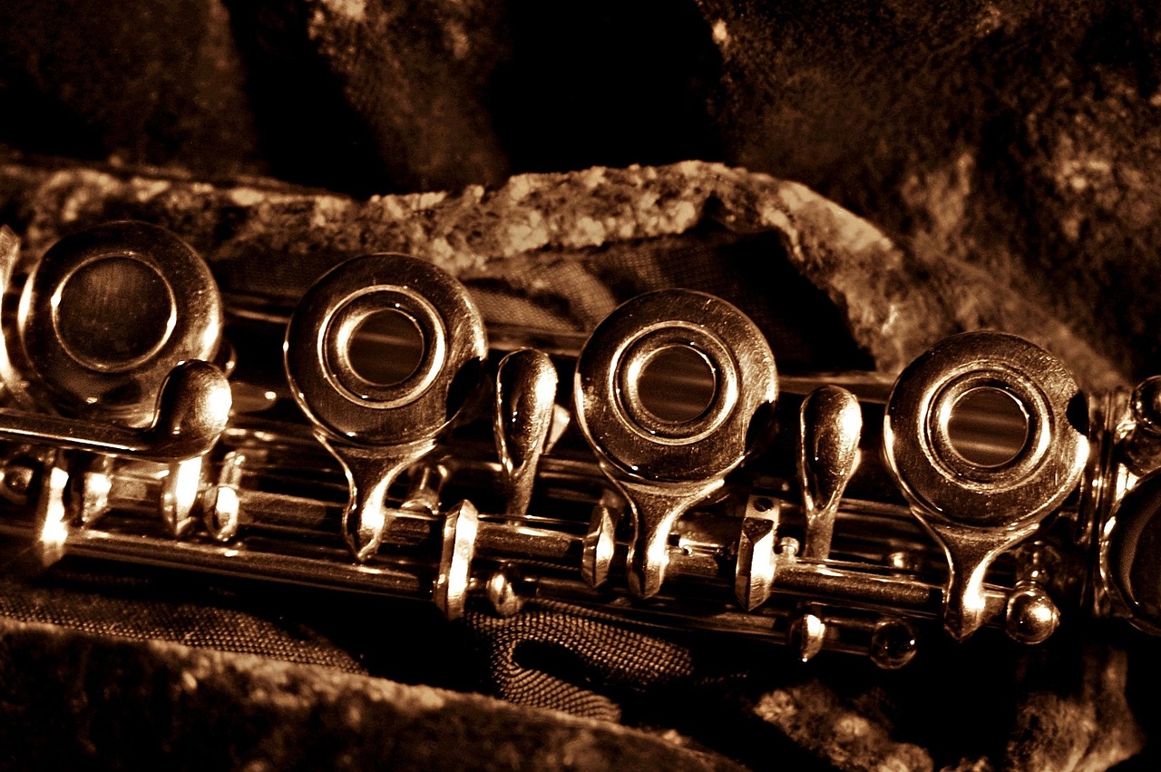 A cleaning rod and cloth beside a flute